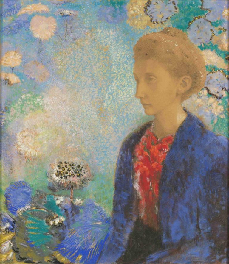 Baronne de Domecy,Odilon Redon,Peinture à l'huile,Peinture à l'huile, 1garçon, foyer masculin, solo, fleur