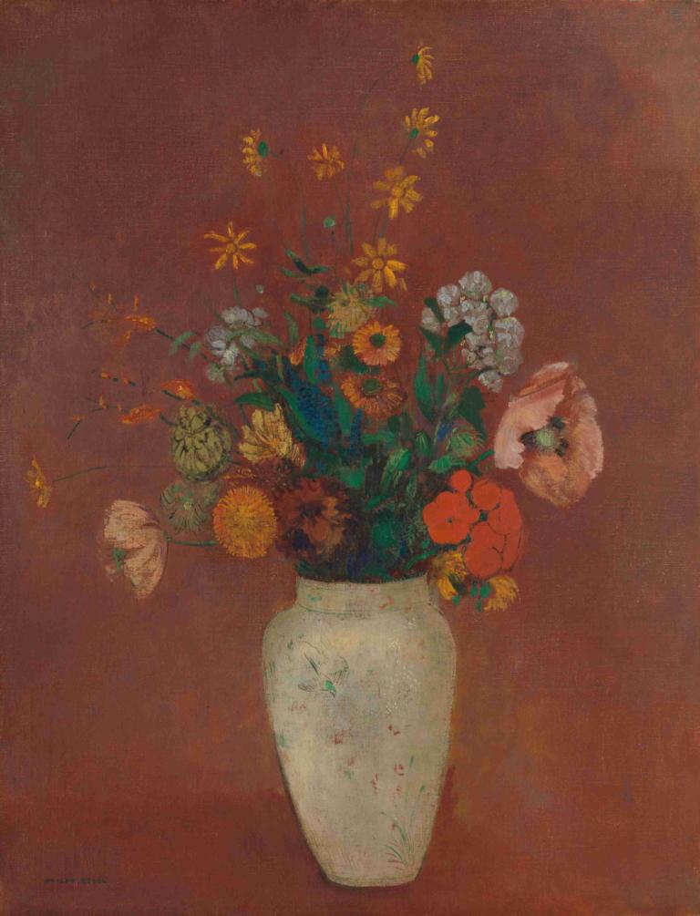 Bouquet in a Chinese Vase,Odilon Redon,Oil Painting,Oil Painting, flower, yellow flower, no humans