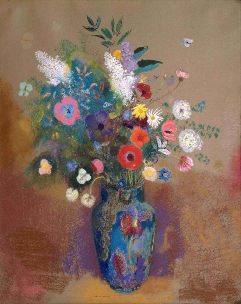 Bouquet of Flowers,Ramo de flores,Odilon Redon,Pintura al óleo,Pintura al óleo, flor, no humanos, flor azul