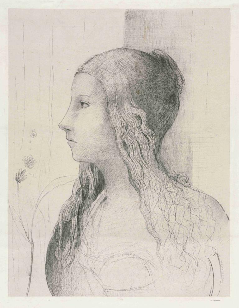 Brünhilde in Twilight of the Gods,Odilon Redon,Sketch,Sketch, 1girl, solo, long hair, monochrome, profile