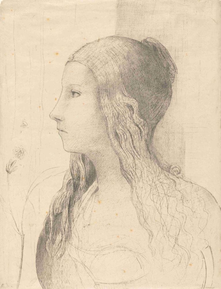 Brunnhilde,Odilon Redon,Schizzo,Schizzo, 1 ragazza, assolo, capelli lunghi, monocromo, media tradizionali