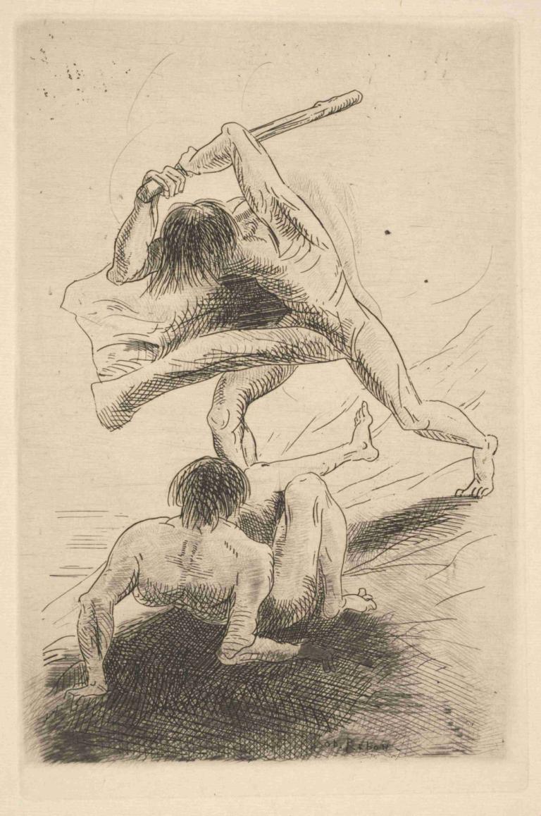 Cain and Abel,Kajn in Abel,Odilon Redon,Skica,Skica, enobarvno, več fantov, 2 fanta, gola