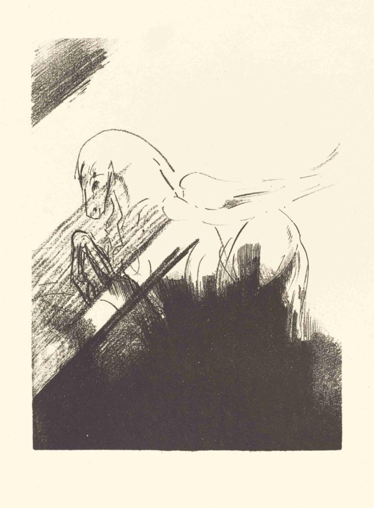 Cheval aile (Winged Horse),Odilon Redon,Copperplate Etching,Copperplate Etching, monochrome, solo, 1girl