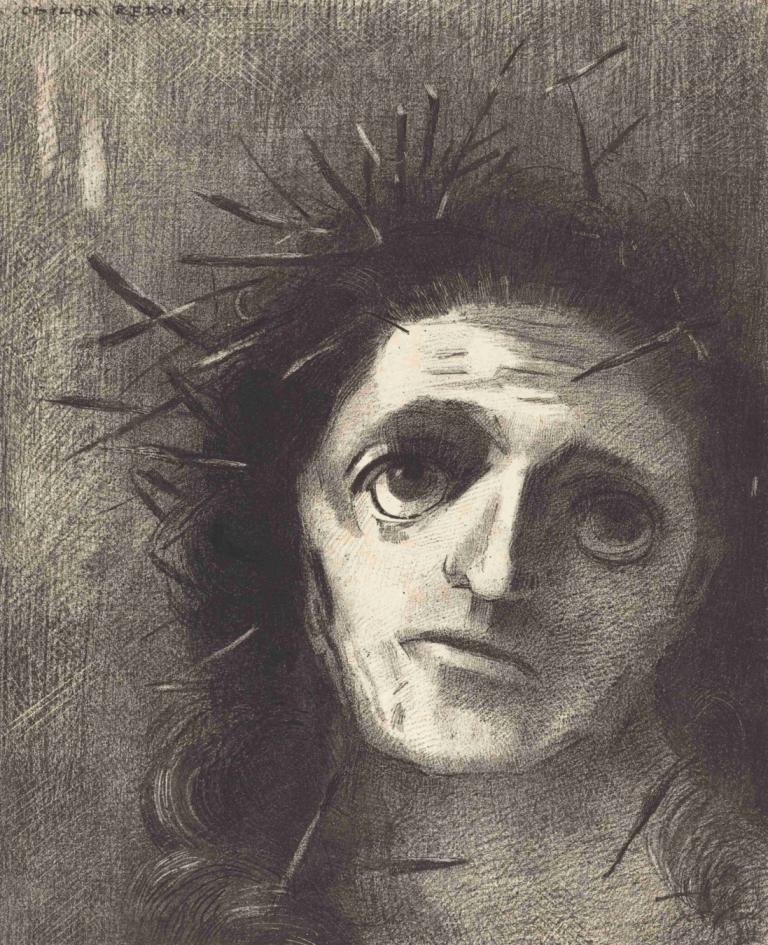 Christ,Odilon Redon,Copperplate Etching,Copperplate Etching, solo, monochrome, 1girl, greyscale