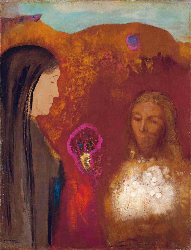 Christ and the Samaritan Woman (The White Flower Bouquet),Odilon Redon,Oil Painting,Oil Painting, long hair