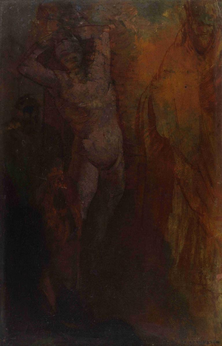 Composition à trois personnages,Odilon Redon,Oil Painting,Oil Painting, solo, 1girl, nude, arms up