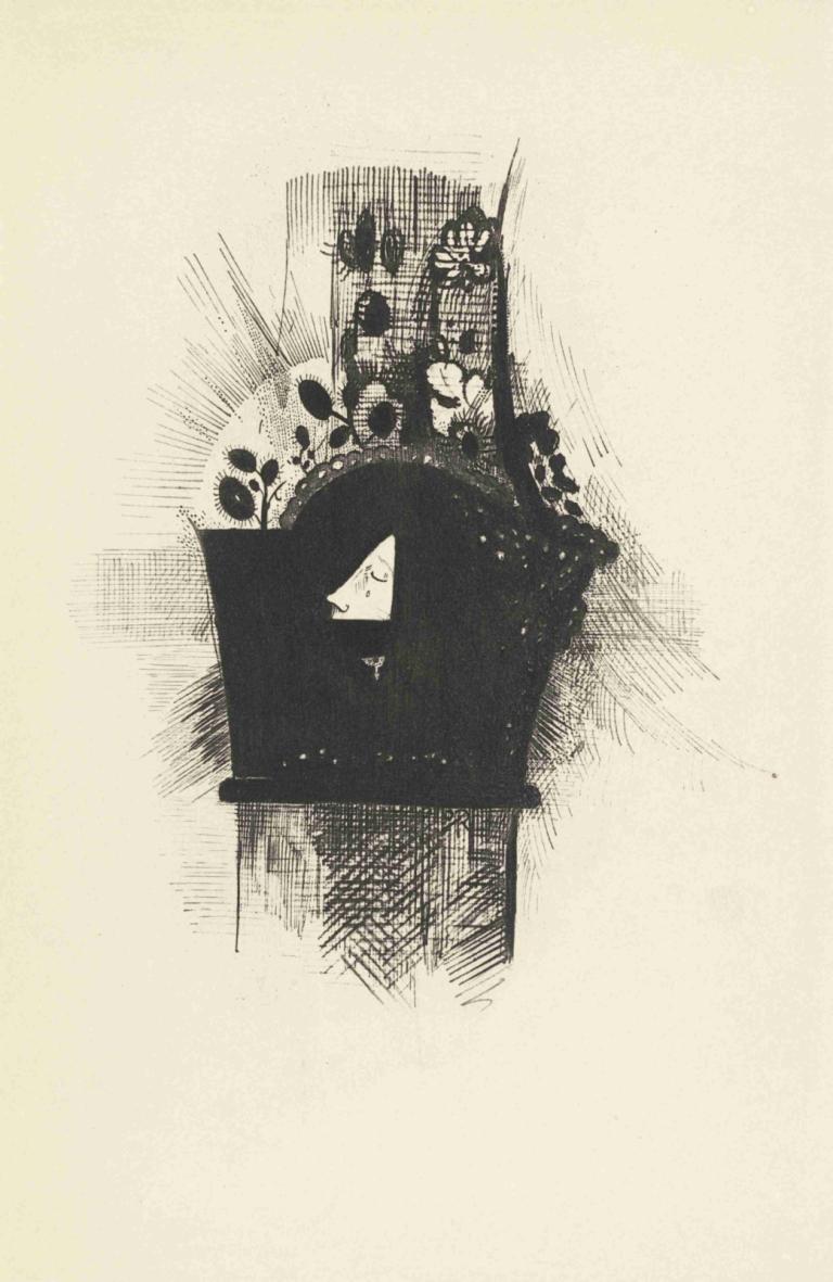 Couverture - Frontispice,Odilon Redon,Copperplate Etching,Copperplate Etching, monochrome, solo, closed eyes