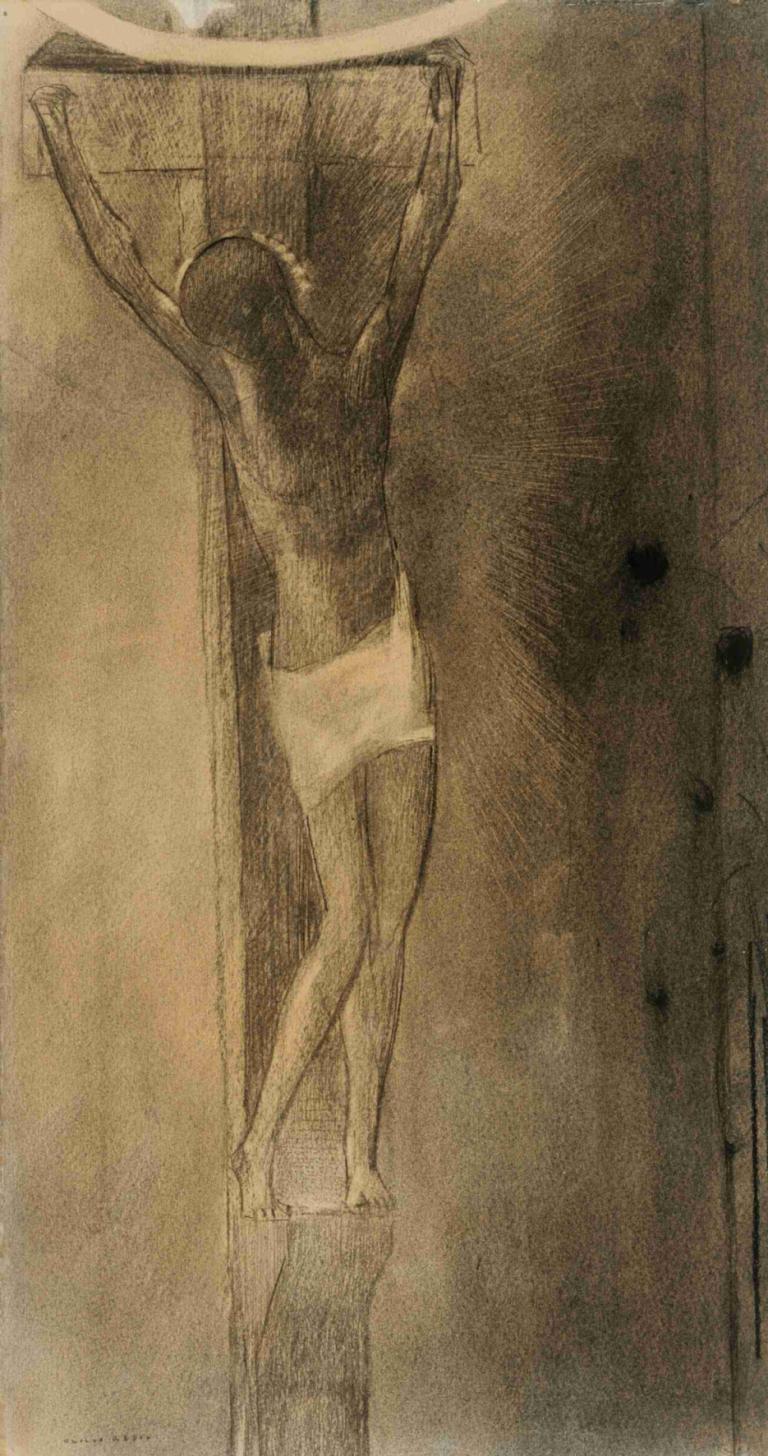 Crucifixion,Odilon Redon,Sketch,Sketch, solo, 1girl, barefoot, monochrome, arms up