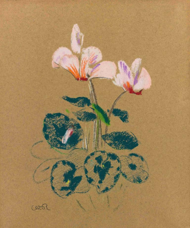 Cyclamen,Odilon Redon,Oil Painting,Oil Painting, flower, no humans, simple background, pink flower, leaf