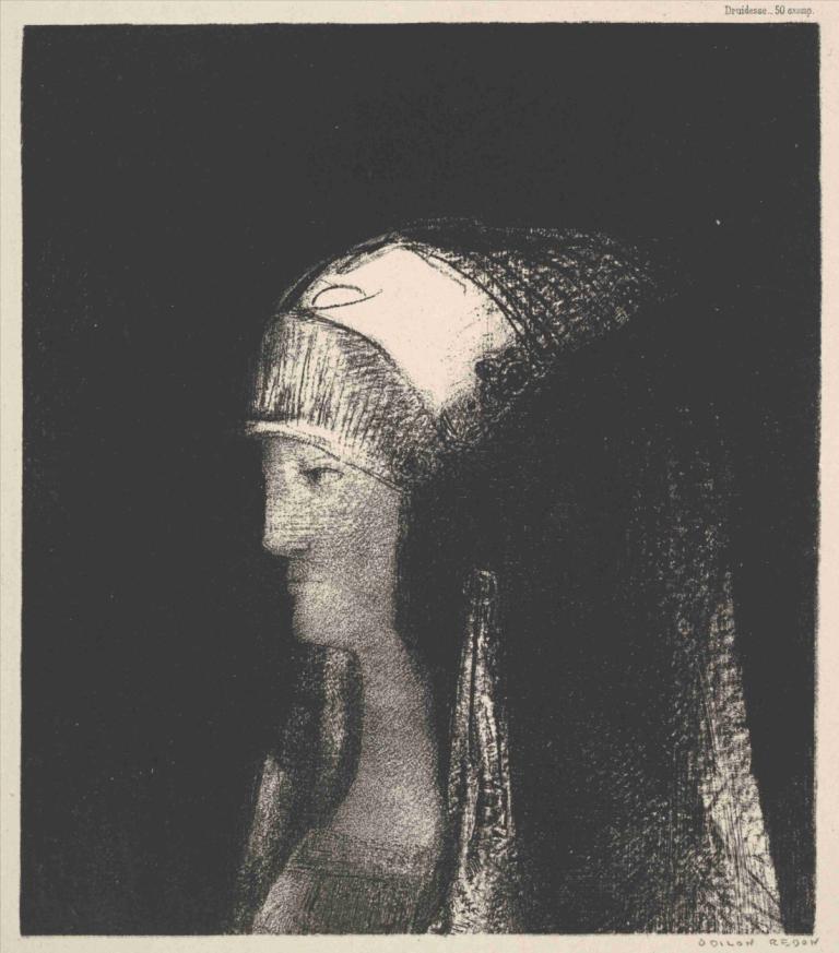 Druidesse,Odilon Redon,Copperplate Etching,Copperplate Etching, solo, long hair, 1girl, border, profile