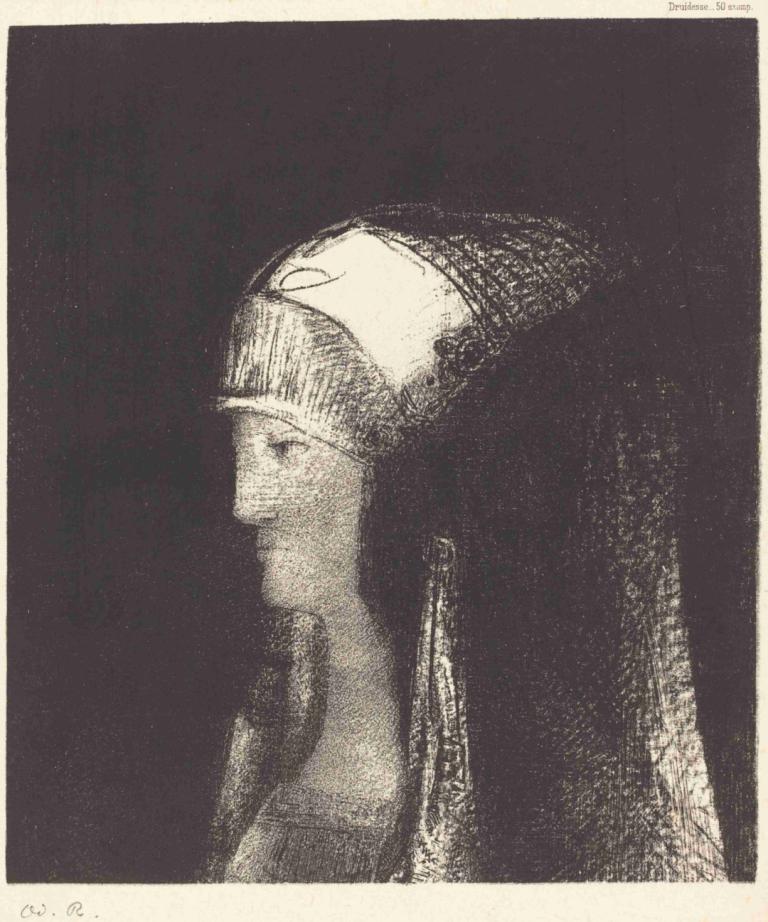 Druidesse,Odilon Redon,Copperplate Etching,Copperplate Etching, solo, monochrome, profile, hat, long hair