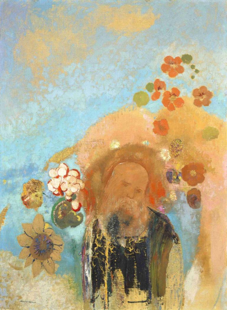 Evocation of Roussel,Odilon Redon,Oil Painting,Oil Painting, 1boy, facial hair, male focus, flower, beard