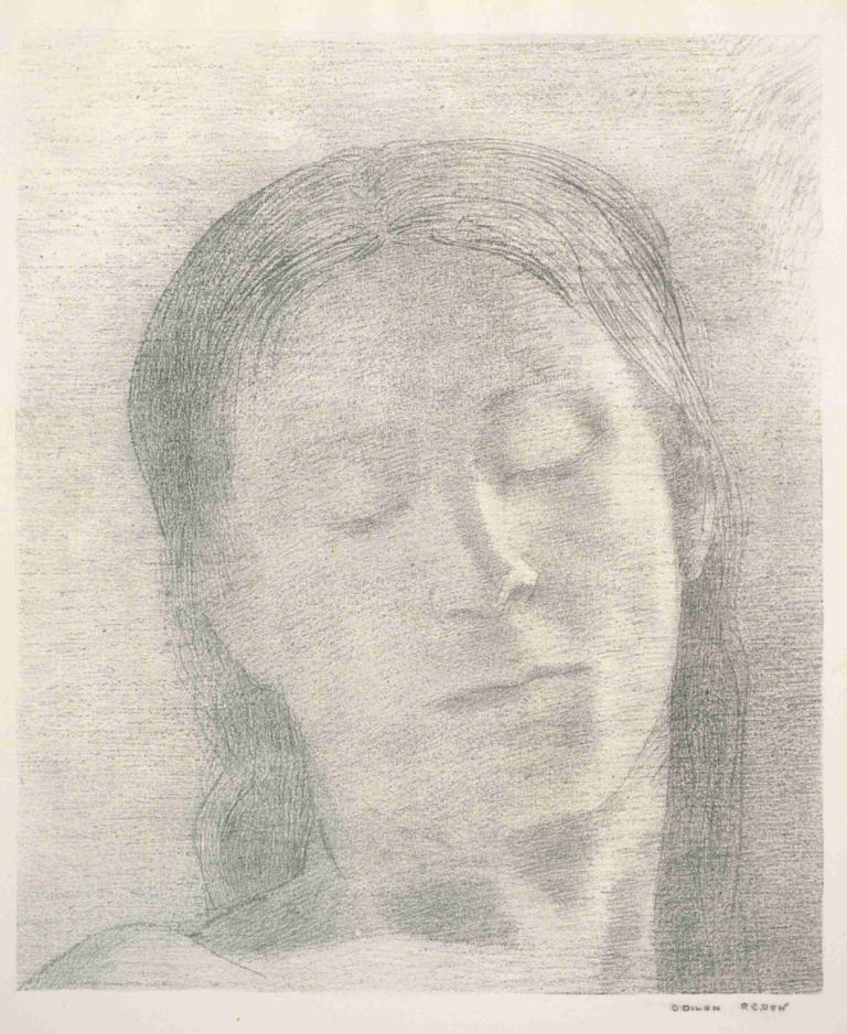 Eyes Closed,Odilon Redon,Sketch,Sketch, solo, monochrome, 1girl, portrait, traditional media, closed mouth