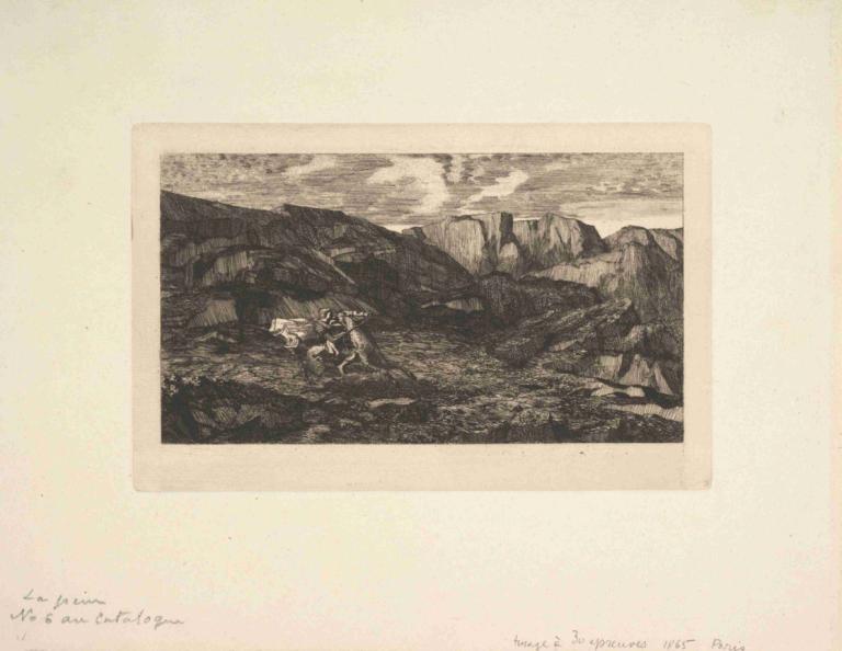 Fear,Odilon Redon,Copperplate Etching,Copperplate Etching, monochrome, outdoors, dated, rock, mountain, sepia