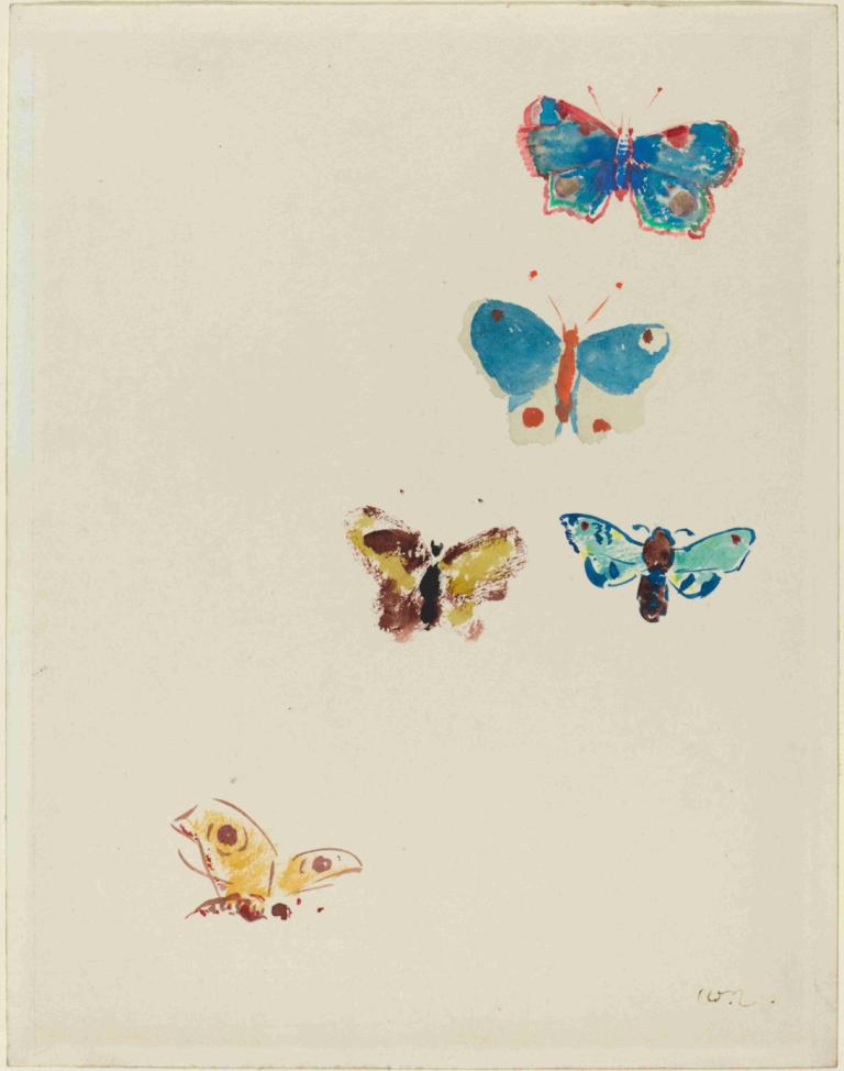 Five Butterflies,Odilon Redon,Illustration,Illustration, bug, butterfly, blood, traditional media, 1girl