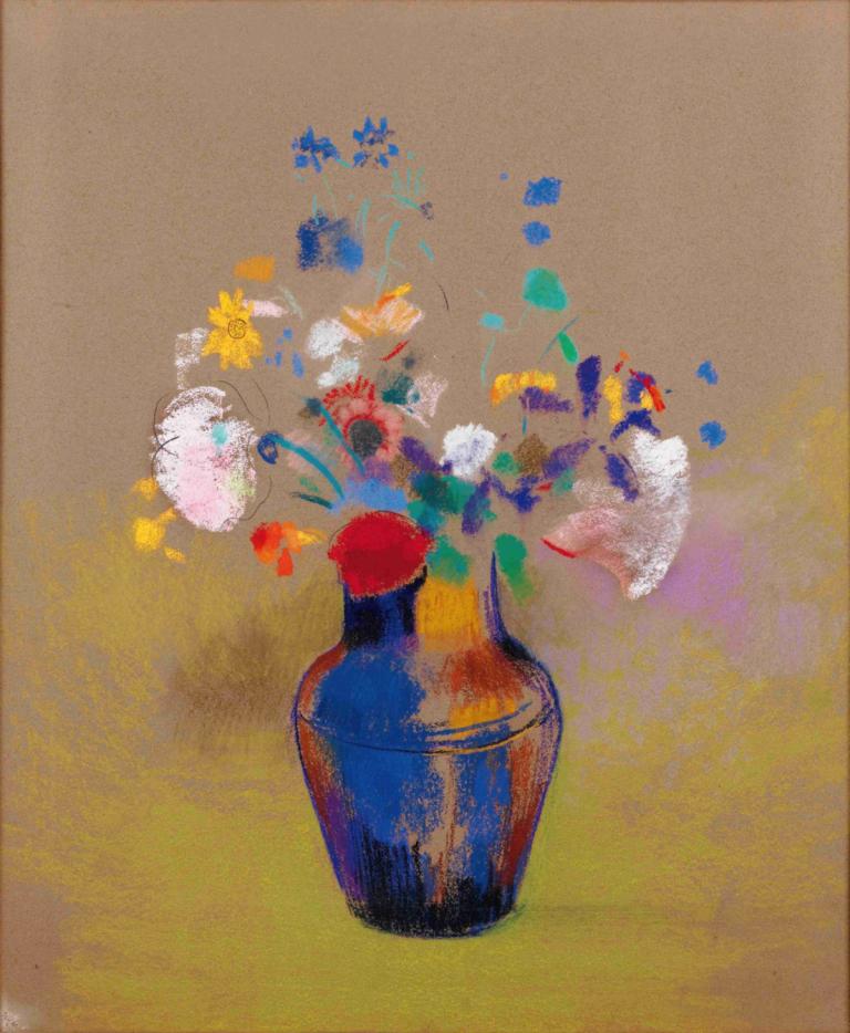 Fleurs Sur Fond Gris,Odilon Redon,Oil Painting,Oil Painting, flower, no humans, red headwear, plant