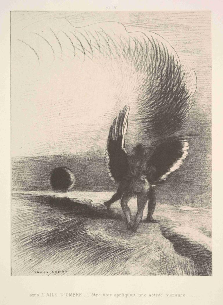 In the shadow of the wing, the black creature bit,날개 그림자 속에서 검은 생물이 물었습니다.,Odilon Redon,오딜론 레돈,동판 에칭,동판 에칭