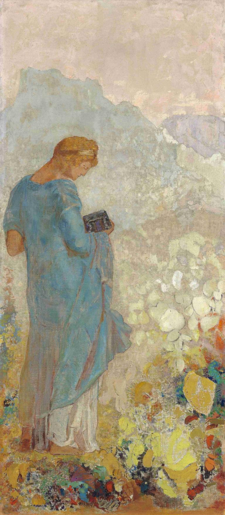 Pandora,Odilon Redon,Obraz olejny,Obraz olejny, 1chłopiec, męskie skupienie, solo, trzymać, blond włosy