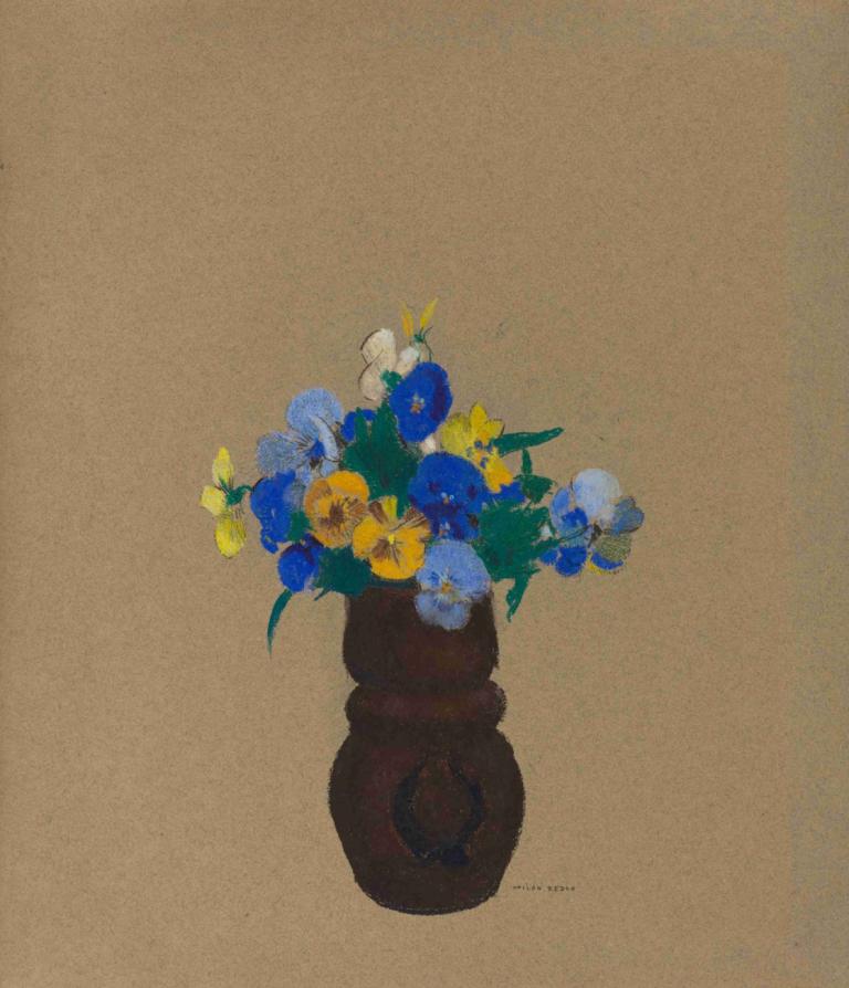 Pansies,Bratki,Odilon Redon,Obraz olejny,Obraz olejny, kwiat, żadnych ludzi, niebieski kwiat, proste tło