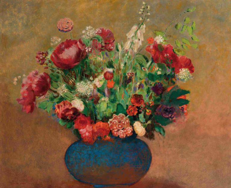 Pavots Et Oeillets De Poète Dans Un Vase Bleu,Bình và bình BLU,Odilon Redon,Audilon Reiden.,Tranh sơn dầu