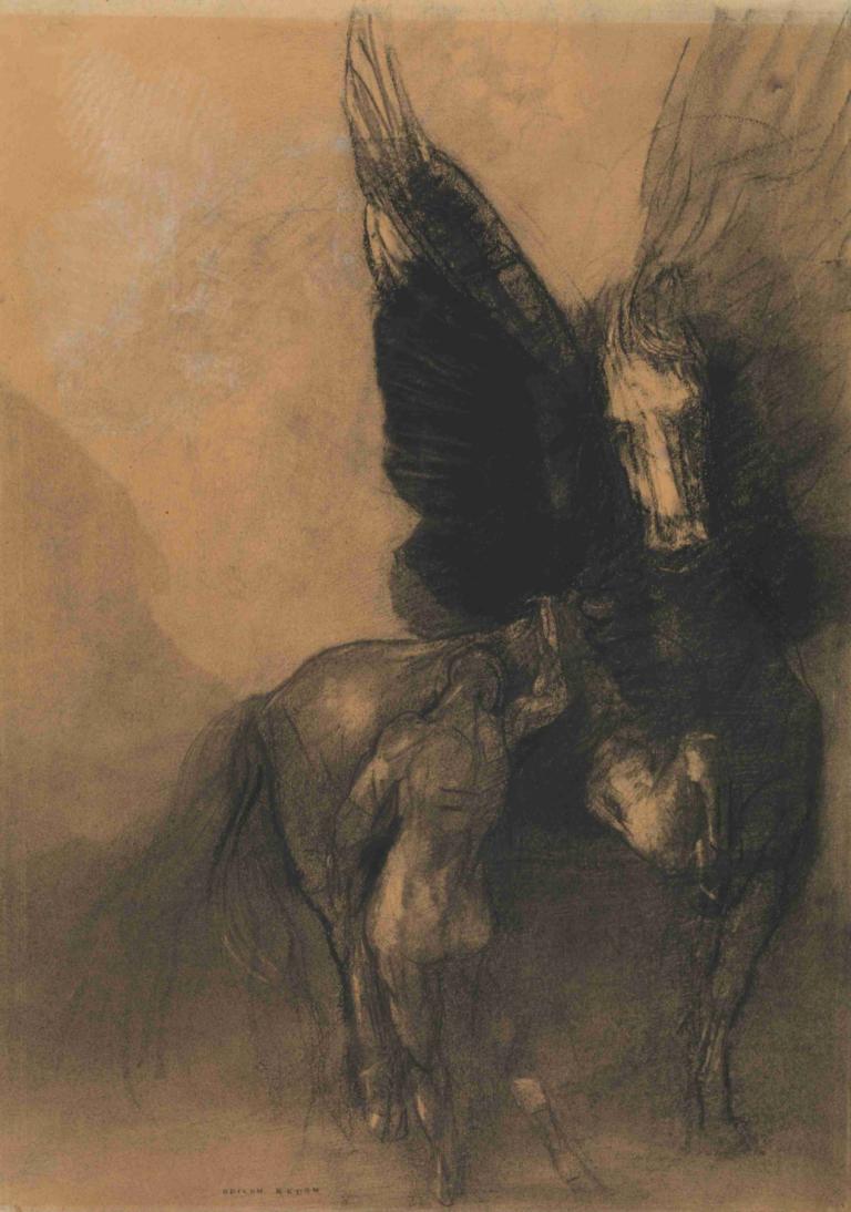 Pegasus and Bellerophon,Pegaz i Bellerophon,Odilon Redon,Trawienie miedziorytu,Trawienie miedziorytu, koń