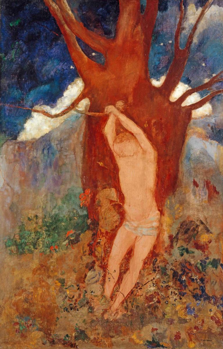 Saint Sébastien,Odilon Redon,Oil Painting,Oil Painting, 1boy, solo, male focus, tree, outdoors, topless male