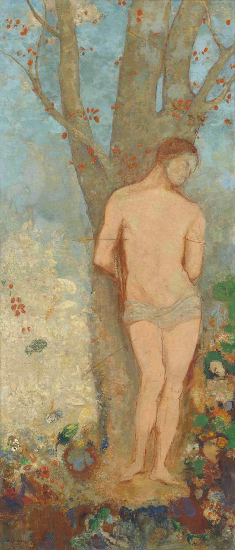 Saint Sebastian,Odilon Redon,Oil Painting,Oil Painting, 1boy, male focus, solo, tree, underwear