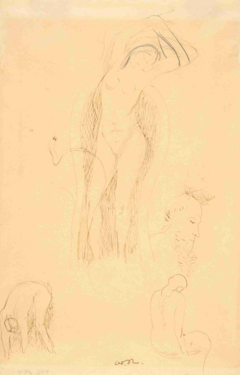 Sheet of studies [Nu et Profil Barbu or Feuille d’Etudes avec Nu Feminin],Odilon Redon,Sketch,Sketch, 1girl