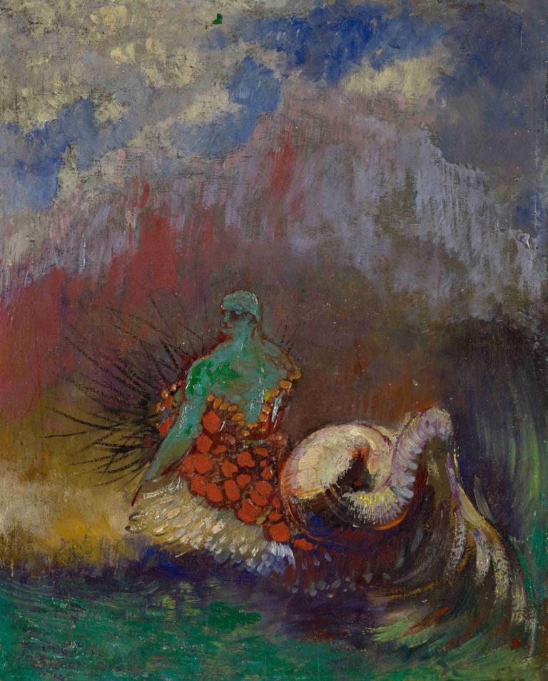 Siren,Odilon Redon,Oil Painting,Oil Painting, no humans, traditional media, painting (medium), sky, bird