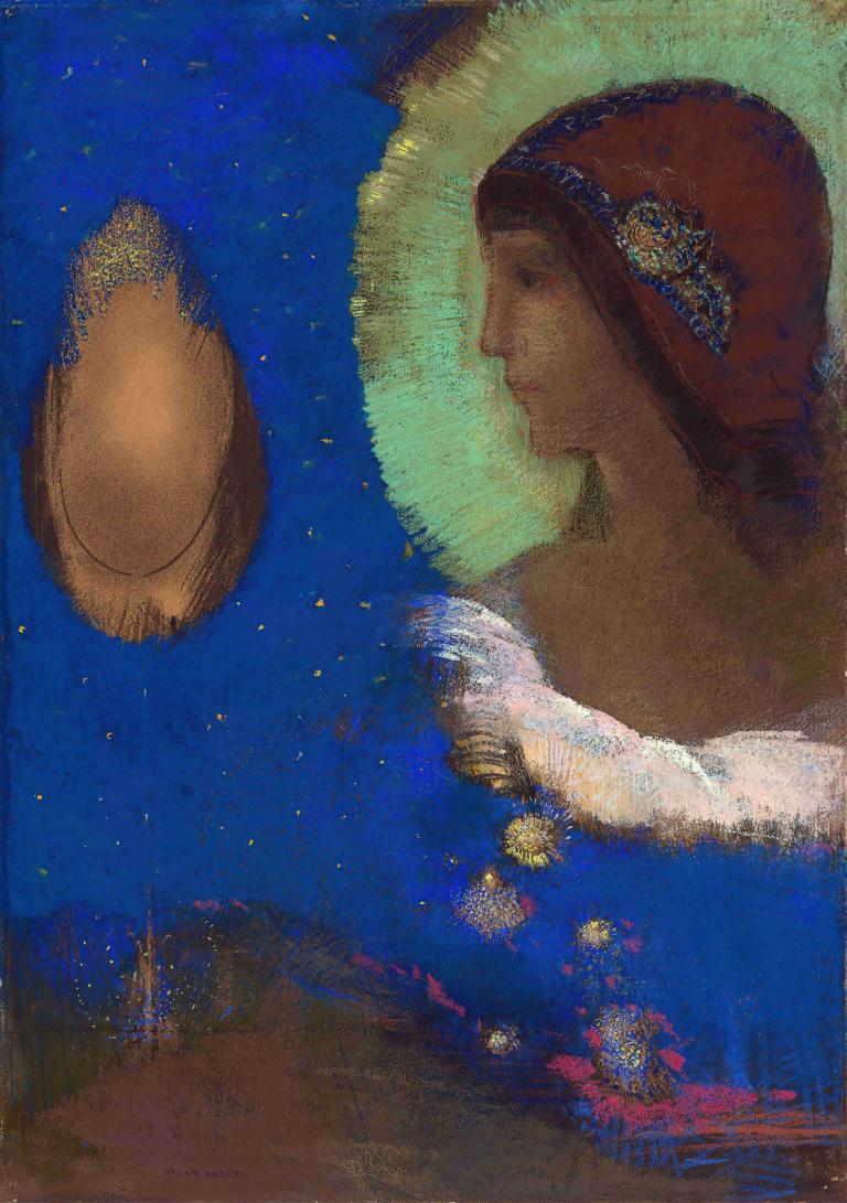 Sita,Odilon Redon,Oil Painting,Oil Painting, 1girl, hat, solo, profile, brown hair, traditional media