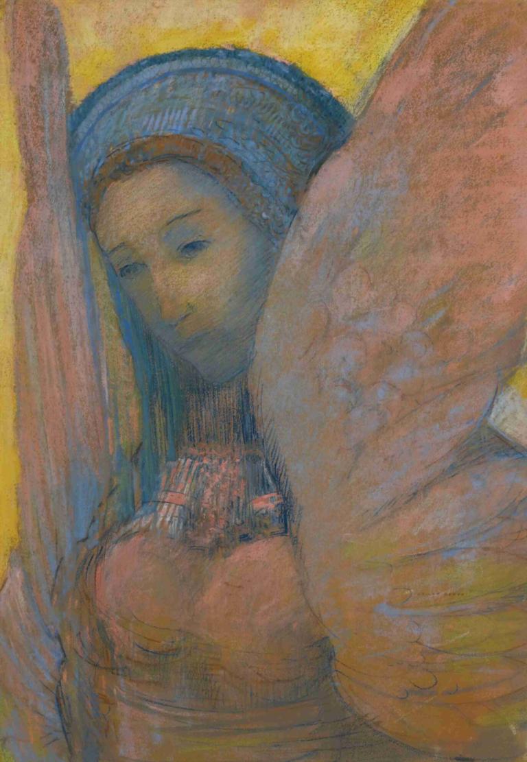 Sphinx,Odilon Redon,Oil Painting,Oil Painting, 1girl, solo, wings, long hair, angel wings, feathered wings