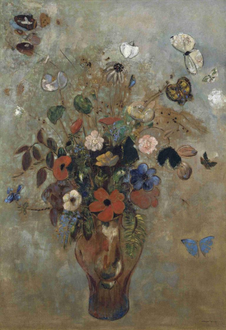 Still Life with Flowers,Odilon Redon,Oil Painting,Oil Painting, bug, flower, butterfly, no humans, plant, leaf