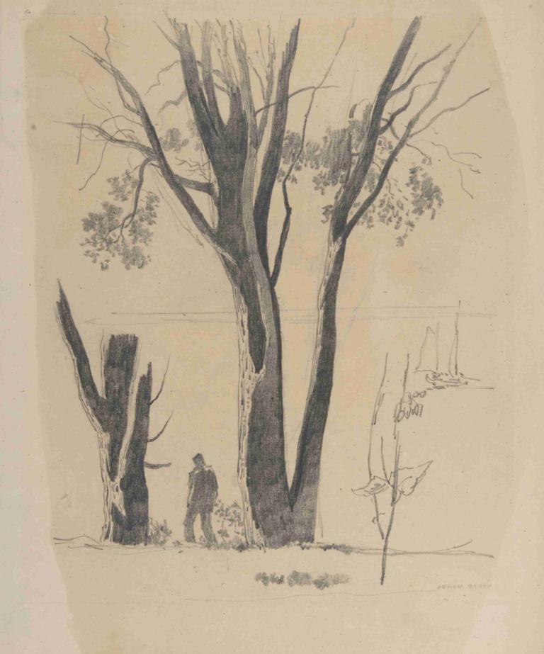 Study of Man between Trees,Studie über den Menschen zwischen den Bäumen,Odilon Redon,Skizze,Skizze, Baum