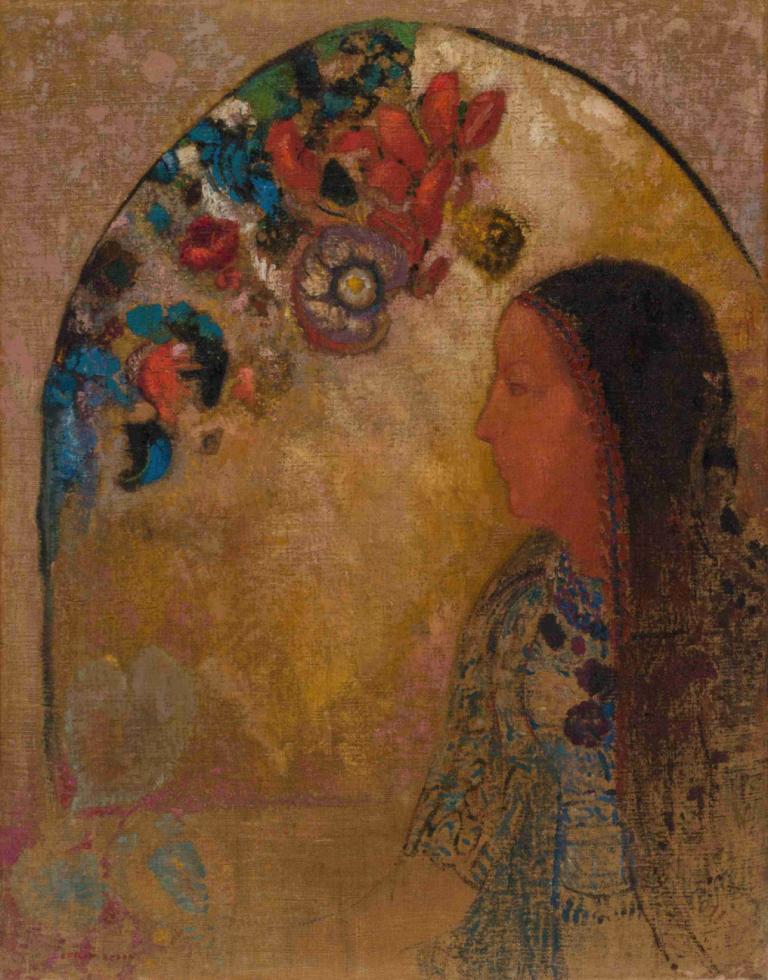 The Gothic Window,Das gotische Fenster,Odilon Redon,Ölgemälde,Ölgemälde, 1Mädchen, Solo, lange Haare