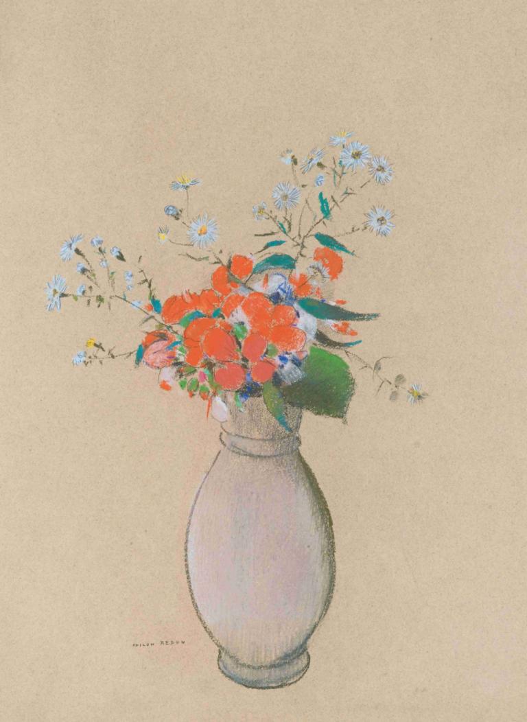 Vase De Fleurs,Odilon Redon,Ölgemälde,Ölgemälde, Blume, weiße Blume, einfacher Hintergrund, keine Menschen