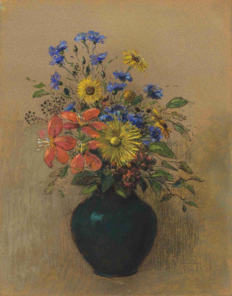 Wildflowers,Odilon Redon,Oil Painting,Oil Painting, flower, no humans, sunflower, blue flower, still life