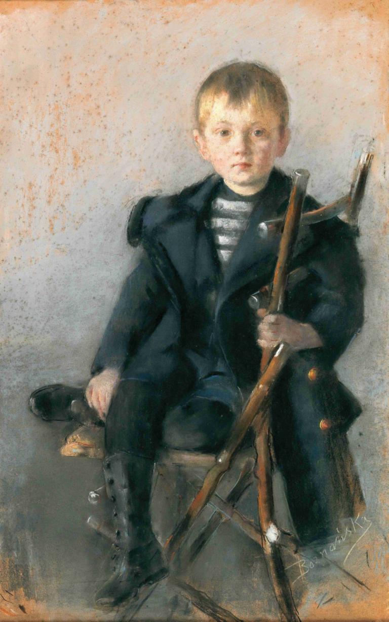 A portrait of a blond boy and black coat with gold button,Olga Boznanska,Oil Painting,Oil Painting, solo