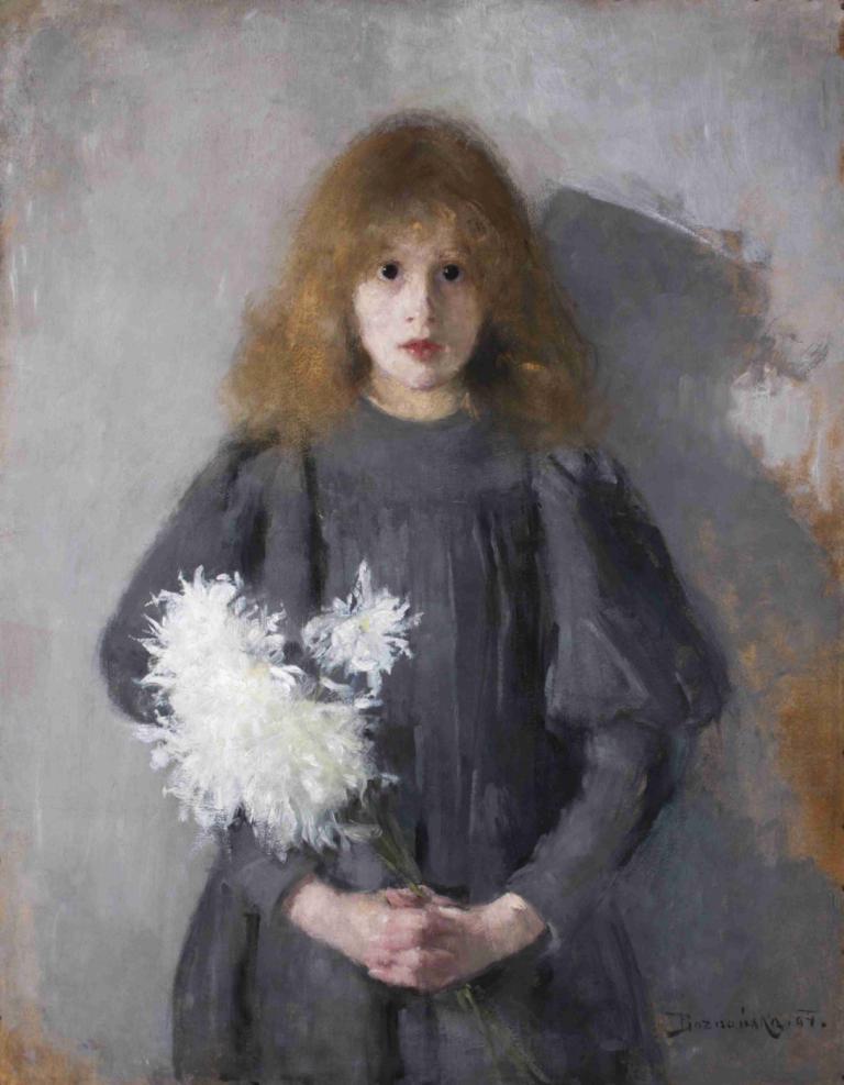 Girl with Chrysanthemums,Olga Boznanska,Oil Painting,Oil Painting, 1girl, solo, flower, holding flower