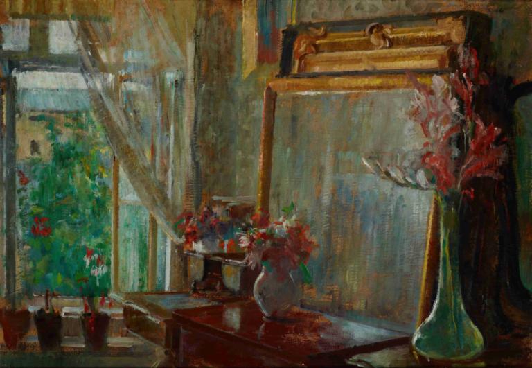 Interior - Artist's Studio in Krakow,Olga Boznanska,Oil Painting,Oil Painting, flower, window