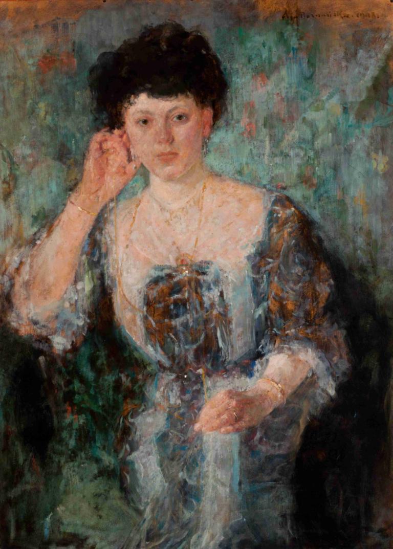 Portrait of Mrs Horain,Olga Boznanska,Oil Painting,Oil Painting, 1girl, solo, jewelry, black hair, necklace