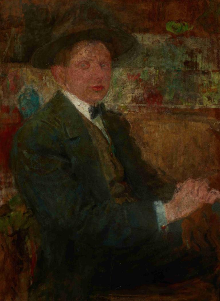 Portrait of a Man in a Hat,Porträtt av en man med hatt,Olga Boznanska,Oljemålning,Oljemålning, solo, 1 pojke