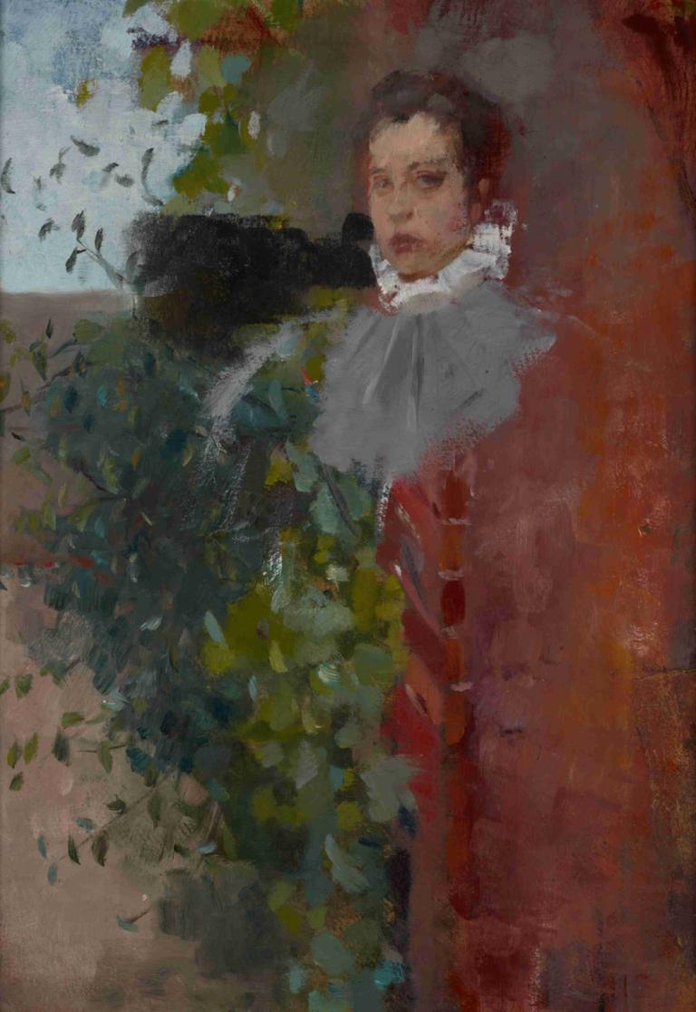 Portrait of a Woman,Porträtt av en kvinna,Olga Boznanska,Oljemålning,Oljemålning, solo, blad, svart hår