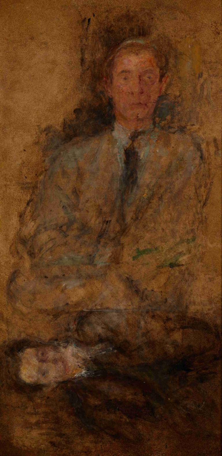 Sketches of Figures,Olga Boznanska,Oil Painting,Oil Painting, 1boy, solo, male focus, necktie, sitting