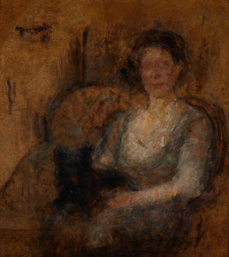 Study of a Female Figure,Bir Kadın Figürü Çalışması,Olga Boznanska,Yağlı boya,Yağlı boya, solo, 1 oğlan, kedi