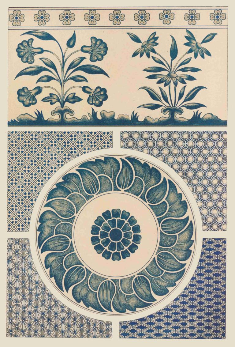 Examples of Chinese ornament, Pl.17,Owen Jones,Illustration,Illustration, no humans, flower, plant, leaf