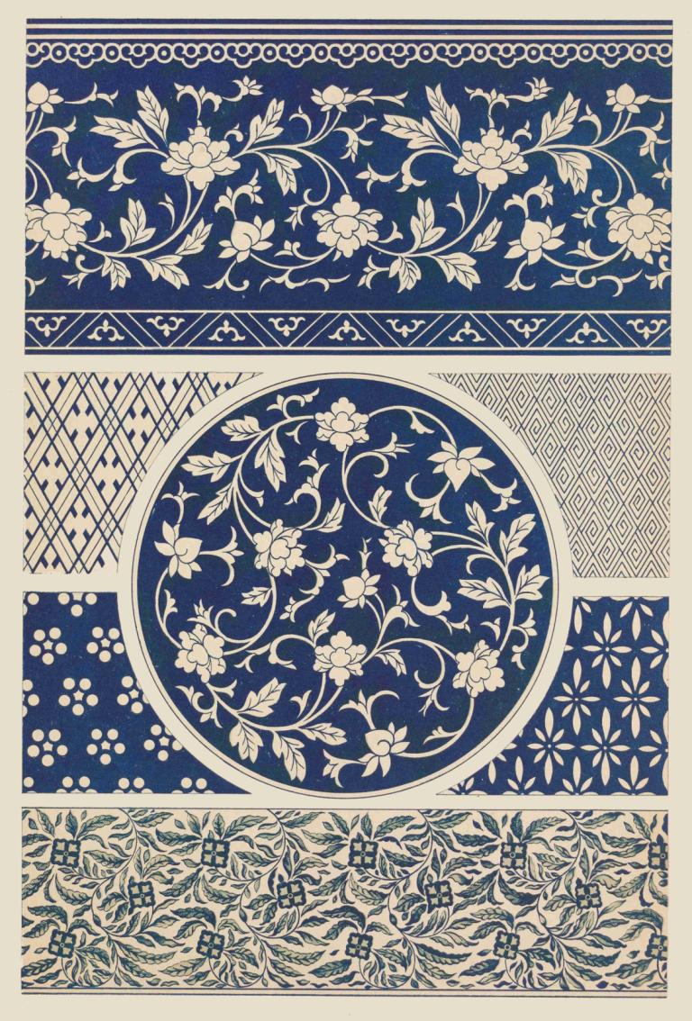 Examples of Chinese ornament, Pl.22,Owen Jones,Illustration,Illustration, flower, no humans, monochrome, leaf