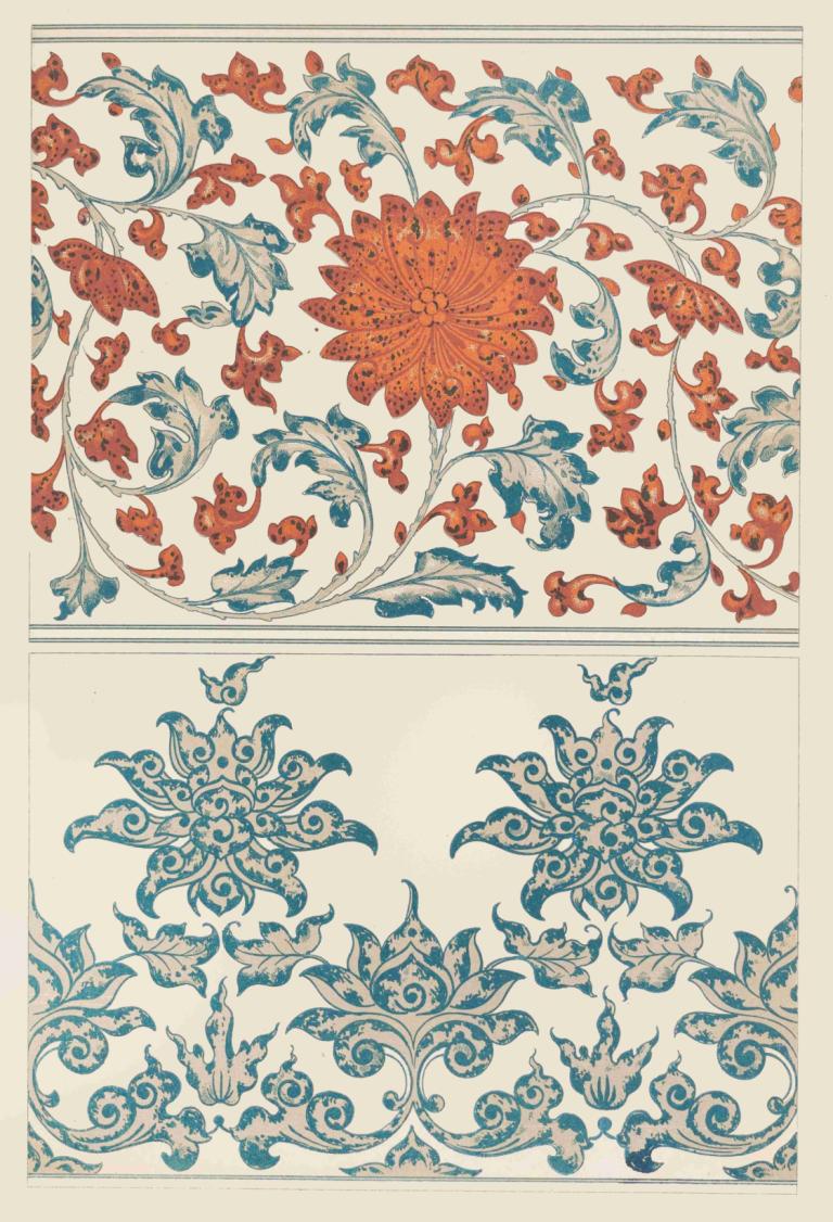 Examples of Chinese ornament, Pl.39,Owen Jones,Illustration,Illustration, no humans, leaf, flower, red flower