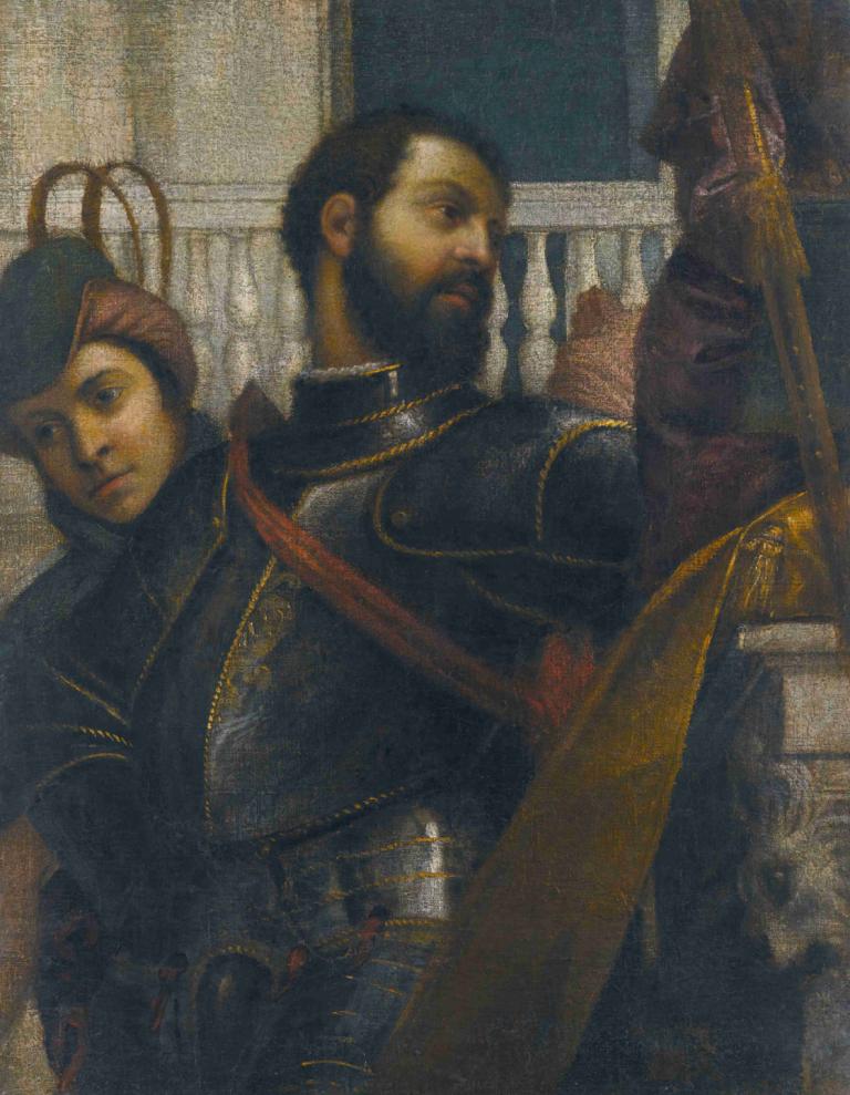 A Knight And His Page,Paolo Veronese,Oil Painting,Oil Painting, multiple boys, armor, facial hair, weapon