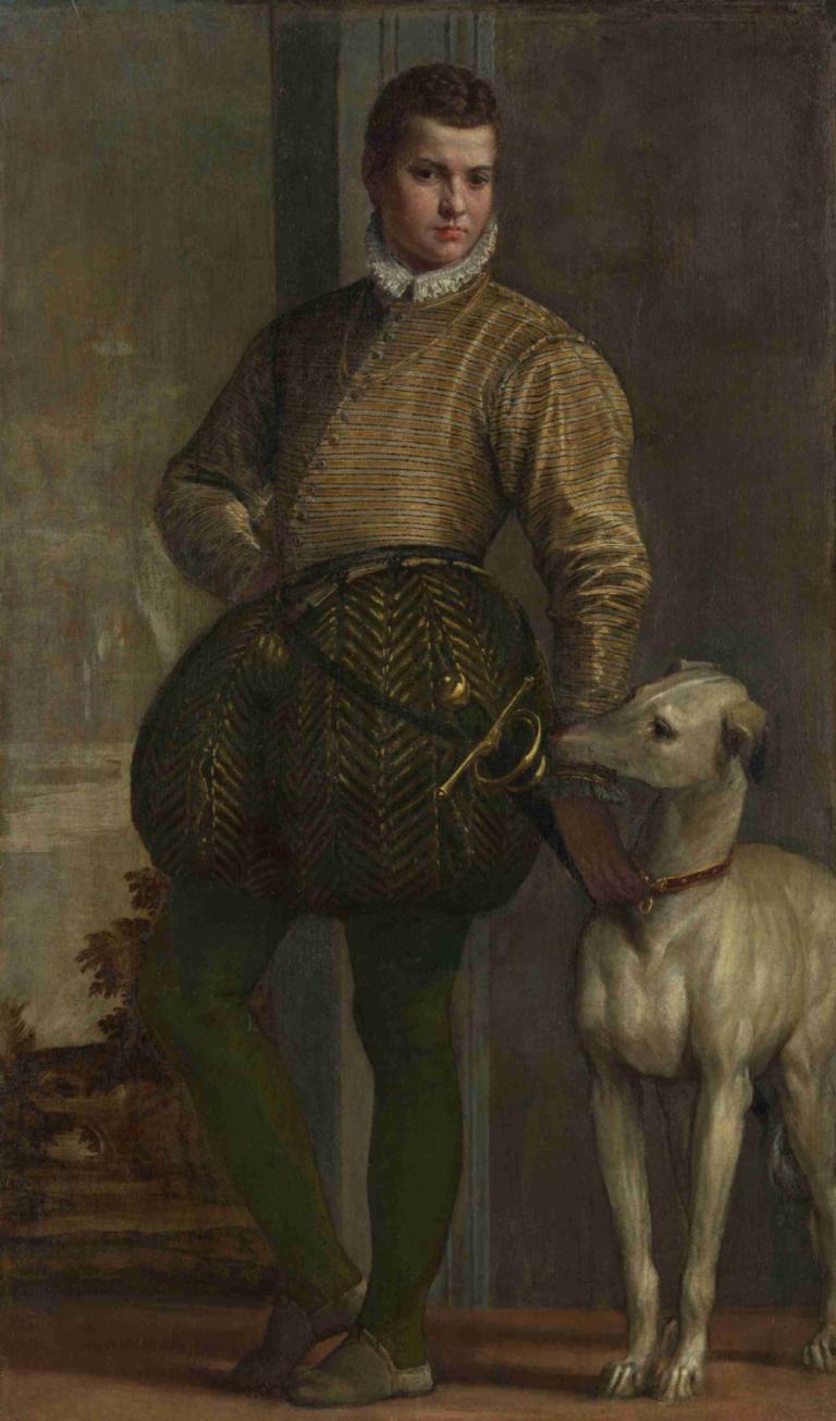 Boy with a Greyhound,Paolo Veronese,Oil Painting,Oil Painting, dog, standing, male focus, pants, 1boy