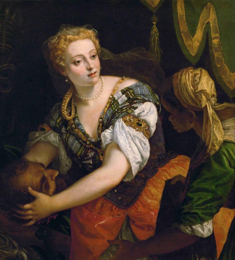 Judith With The Head Of Holofernes,Paolo Veronese,Oil Painting,Oil Painting, fine art parody, jewelry, 1girl